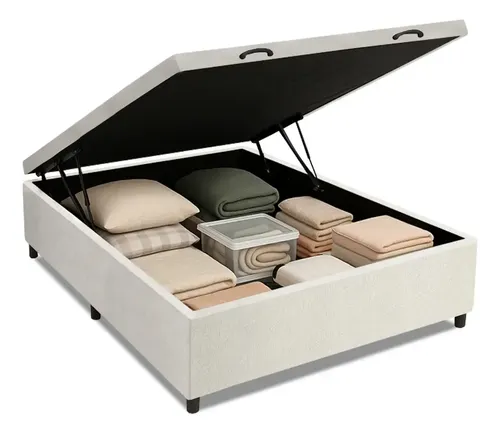 Cama Box Baú Base Casal Para Colchão De 1,38m Linho Branco