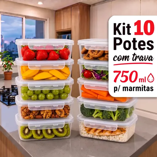 Kit 10 Potes 750ml com Tampa Trava Plástico Transparente para Mantimentos e Alimentos Marmita Organizador de Cozinha Geladeira e Freezer Jogo de Potes para Organização Ponte Lar Utilidades