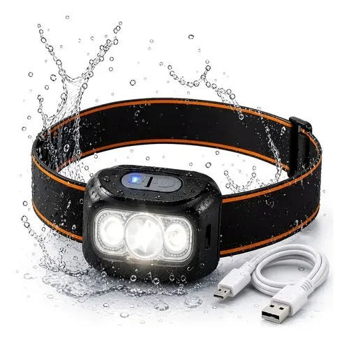 Lanterna De Cabeça Led Recarregável Com Sensor Prova D'água Branco Preto