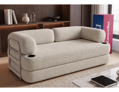 Sofá Cama Orbe. 1,90m Xpand Tech Tecido Boucle Cama Inbox Bege Liso